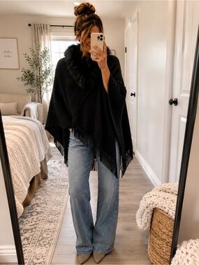Black Faux-Fur Collar Knit Poncho Sweater